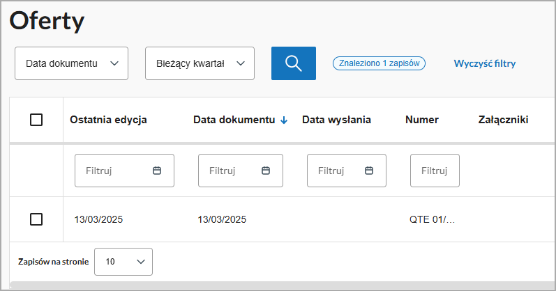 Ekran filtrowania faktur po dacie dokumentu